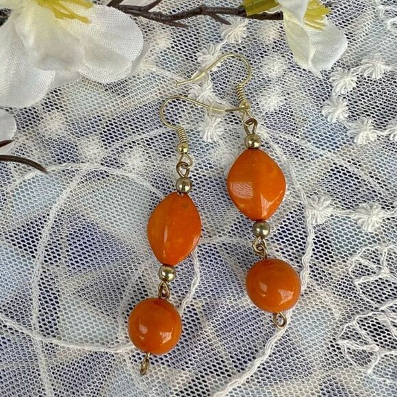 Burnt Orange Bead Dangle Earrings - Picture 3 of 6